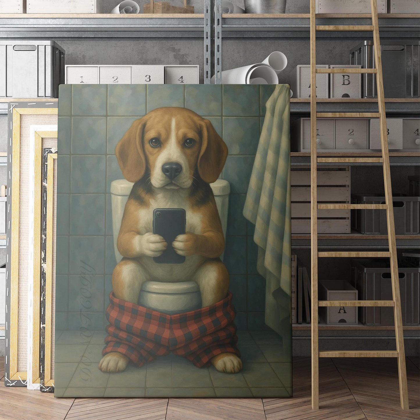 Beagle On The Phone On The Toilet