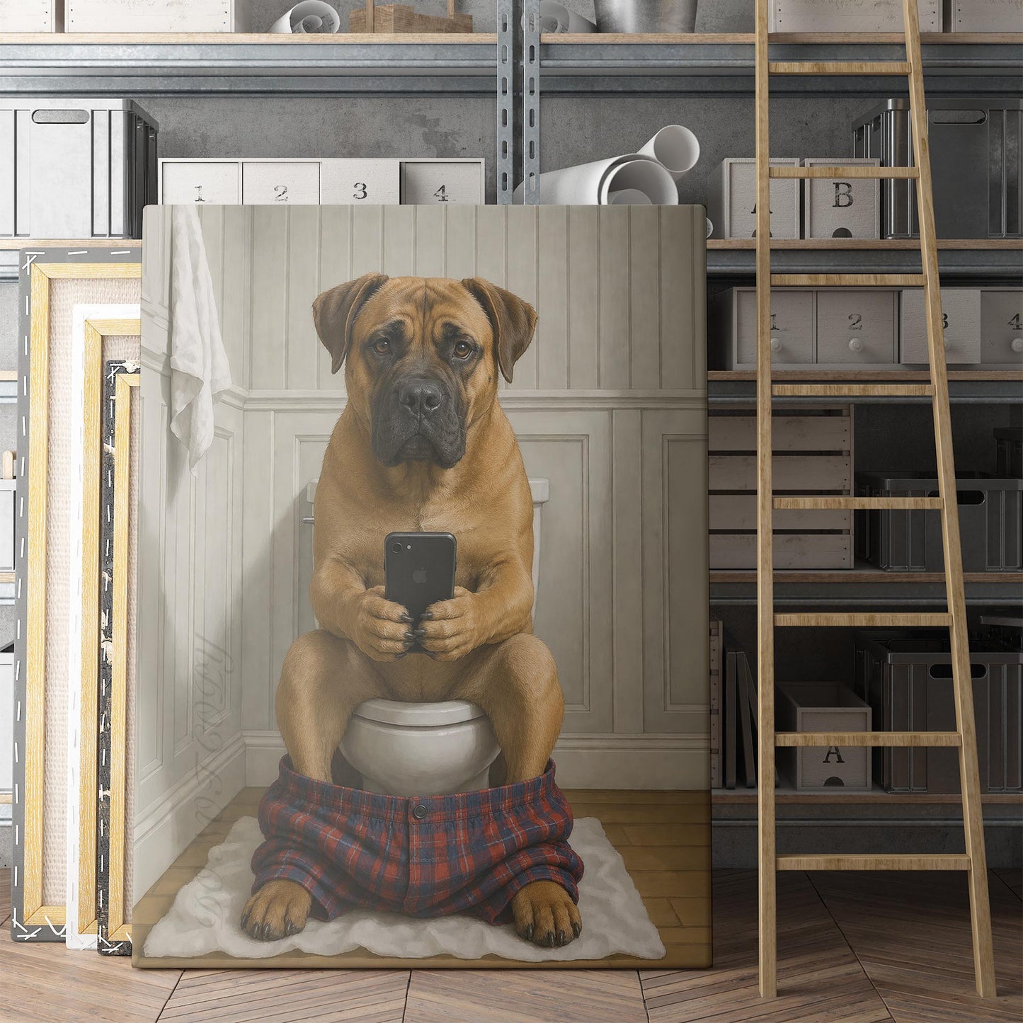 Boerboel Dog On The Phone On The Toilet