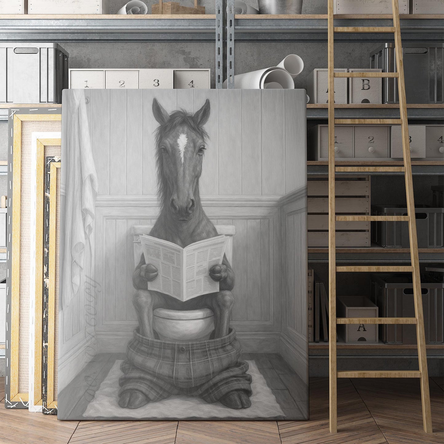 Horse Reading The Newspaper On The Toilet