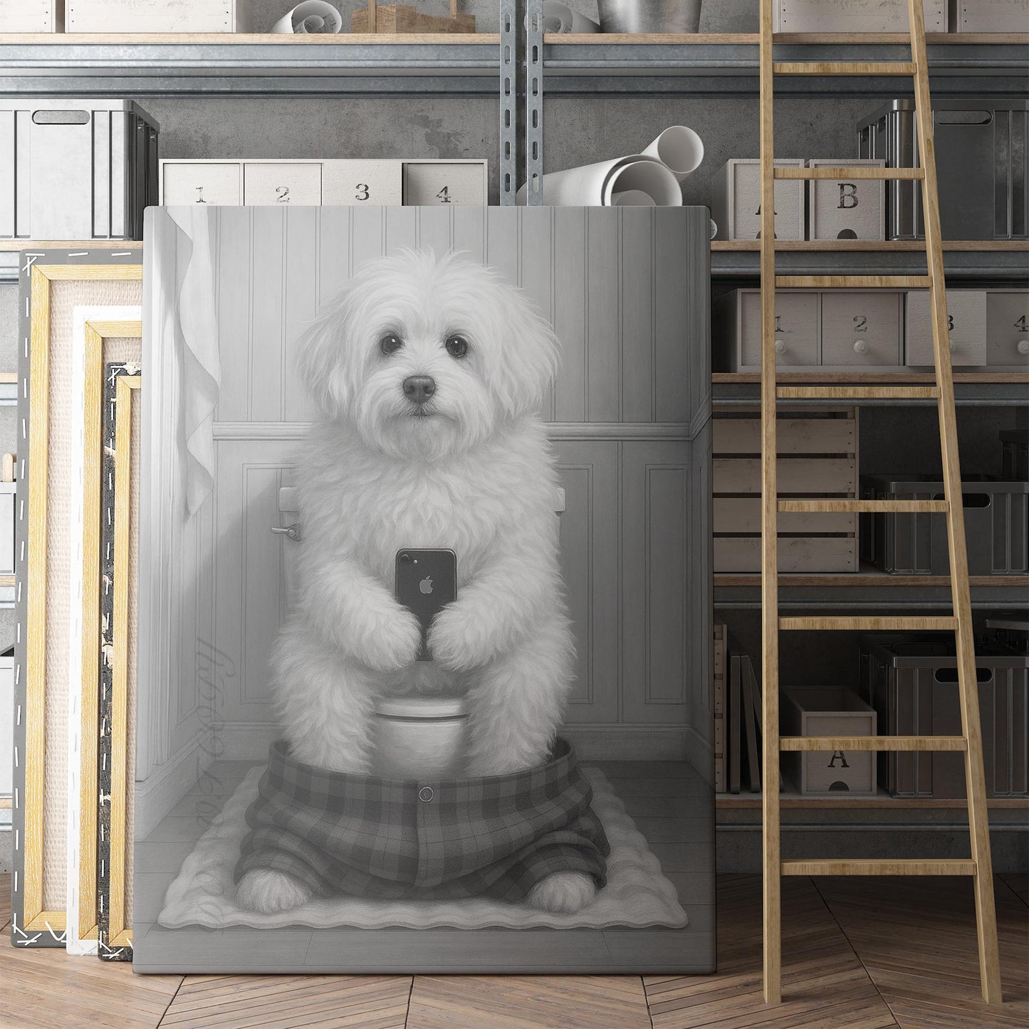 Coton de Tulear Dog On The Phone On The Toilet