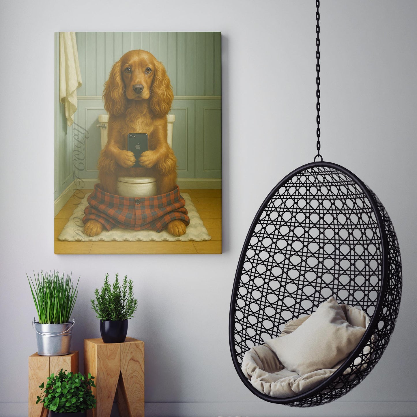 English Cocker Spaniel Dog On The Phone On The Toilet