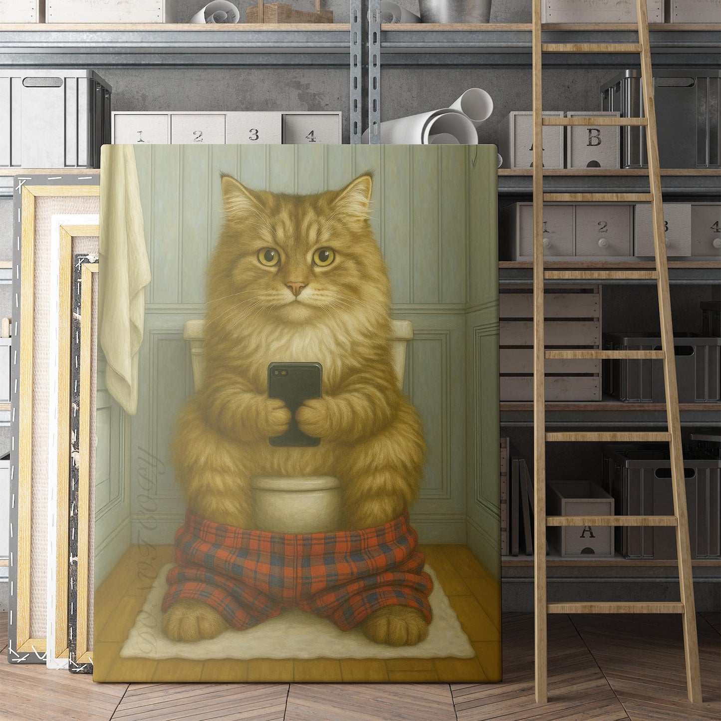 Siberian Cat On The Phone On The Toilet