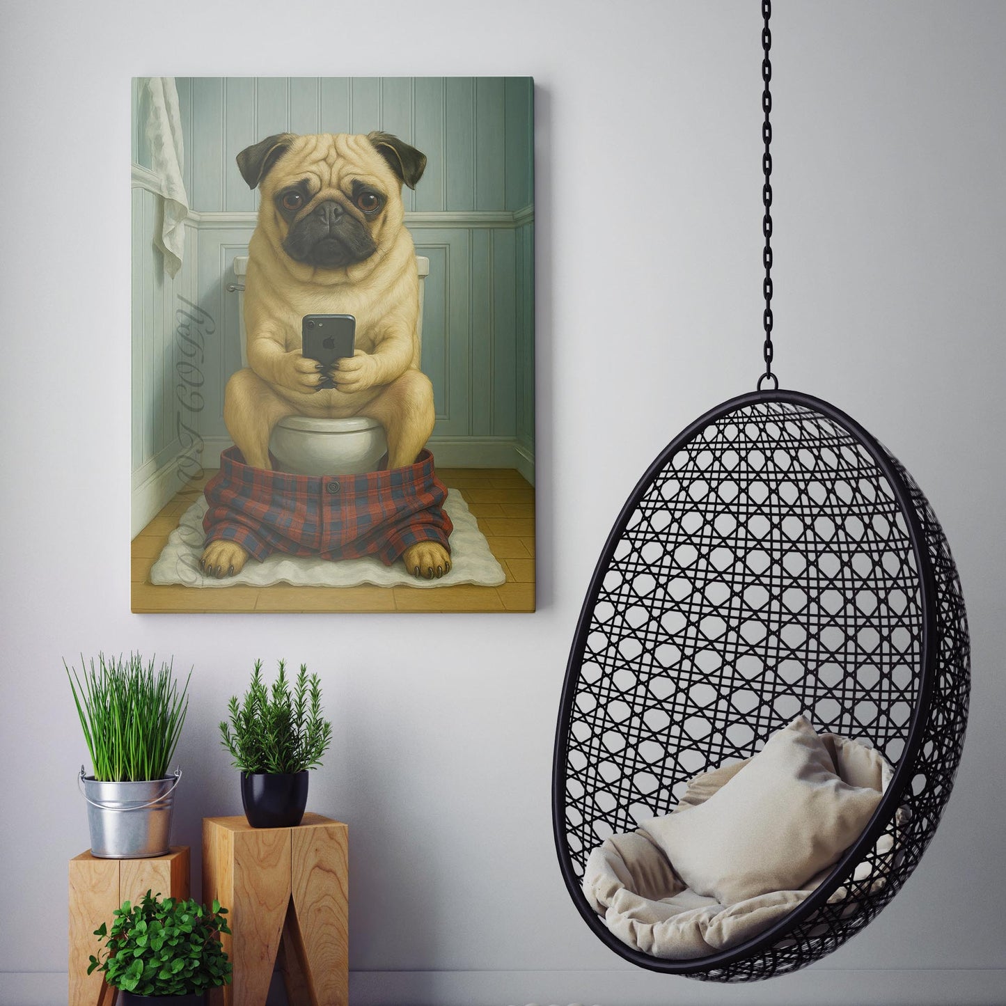 Pug Dog On The Phone On The Toilet