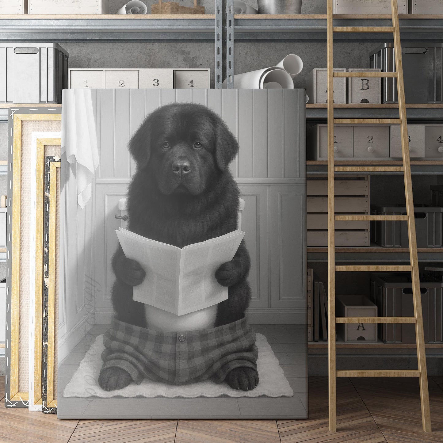 Newfoundland Dog Reading The Newspaper On The Toilet
