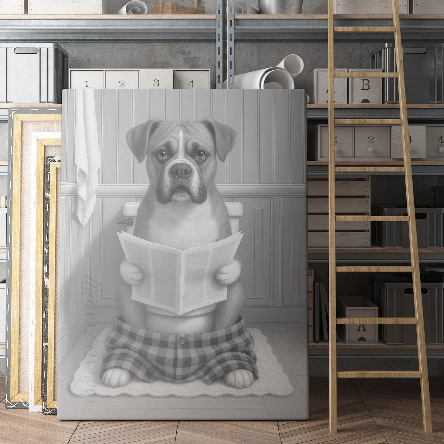 Boxer Dog Reading The Newspaper On The Toilet