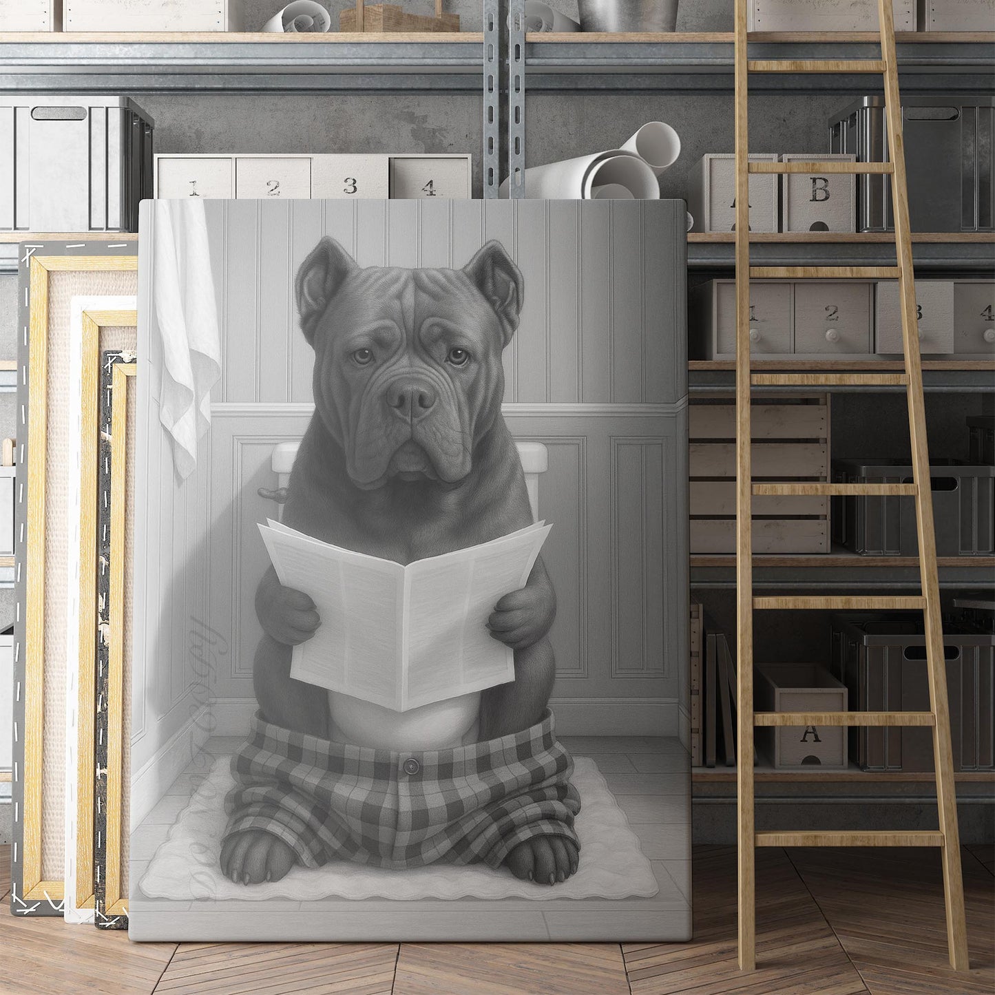 Cane Corso Dog Reading The Newspaper On The Toilet