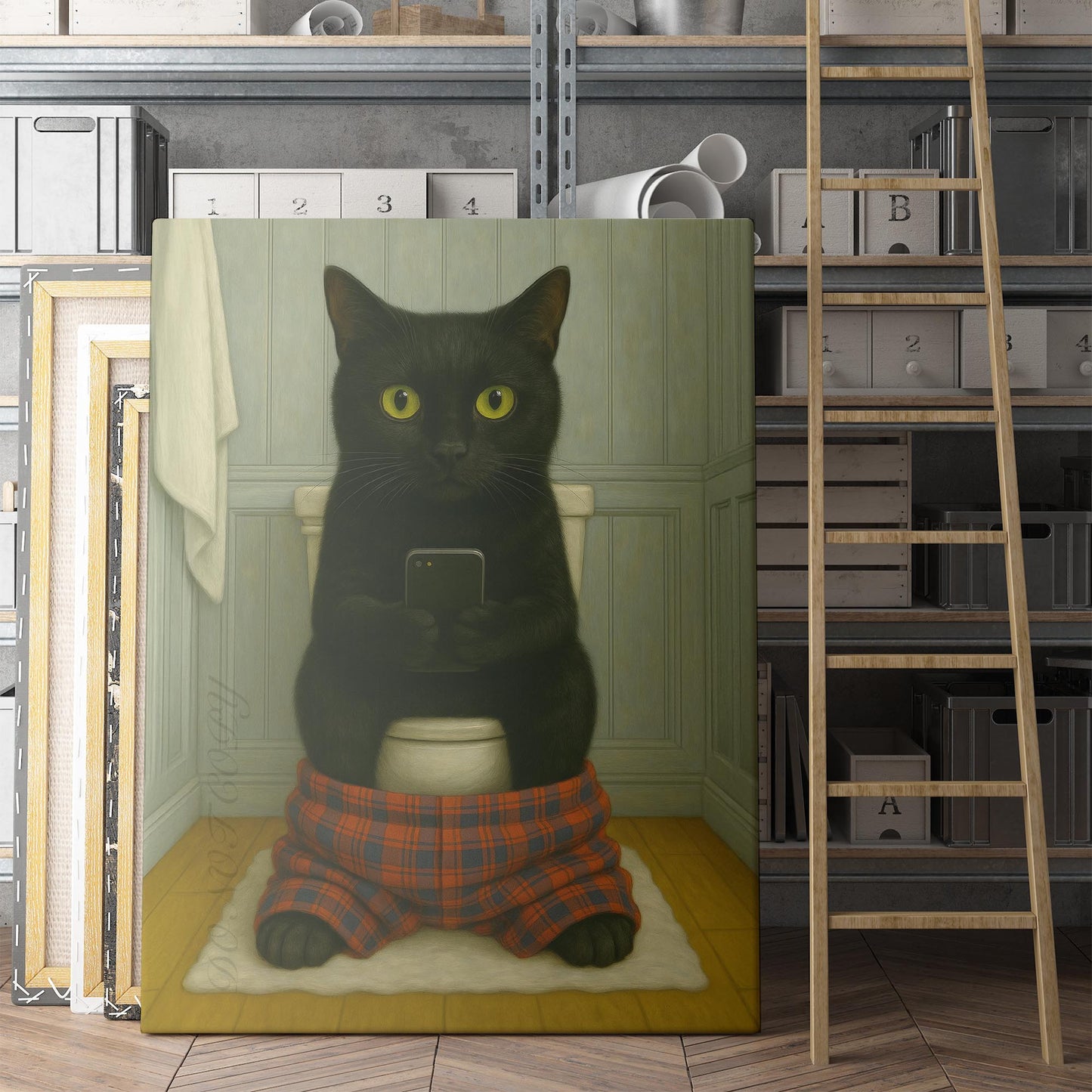 Black Cat On The Phone On The Toilet