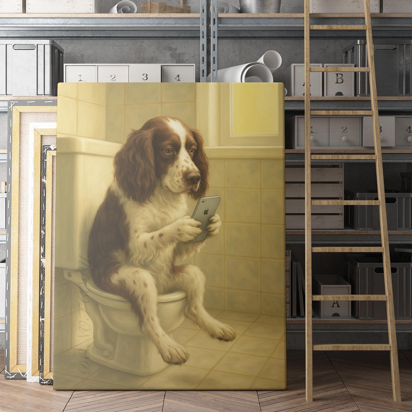 English Springer Spaniel Dog On The Phone On The Toilet