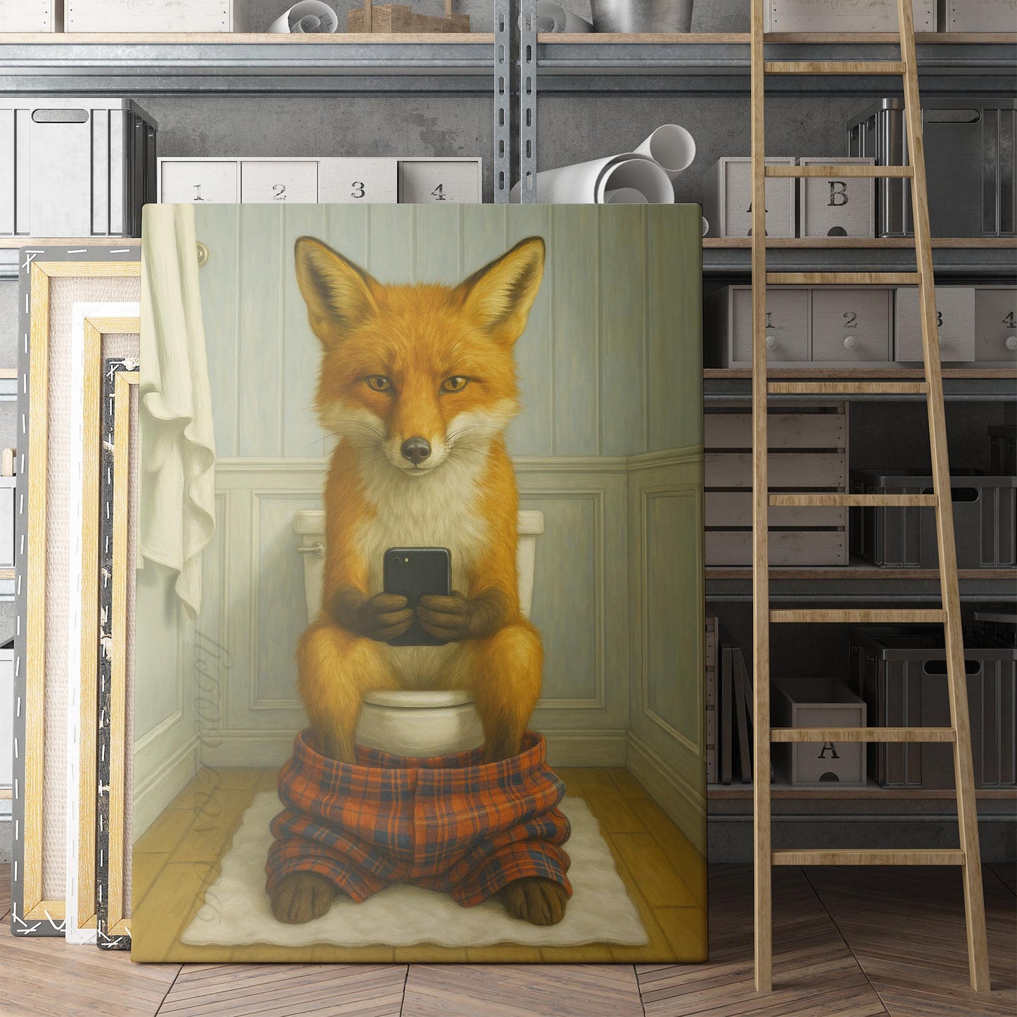 Red Fox On The Phone On The Toilet