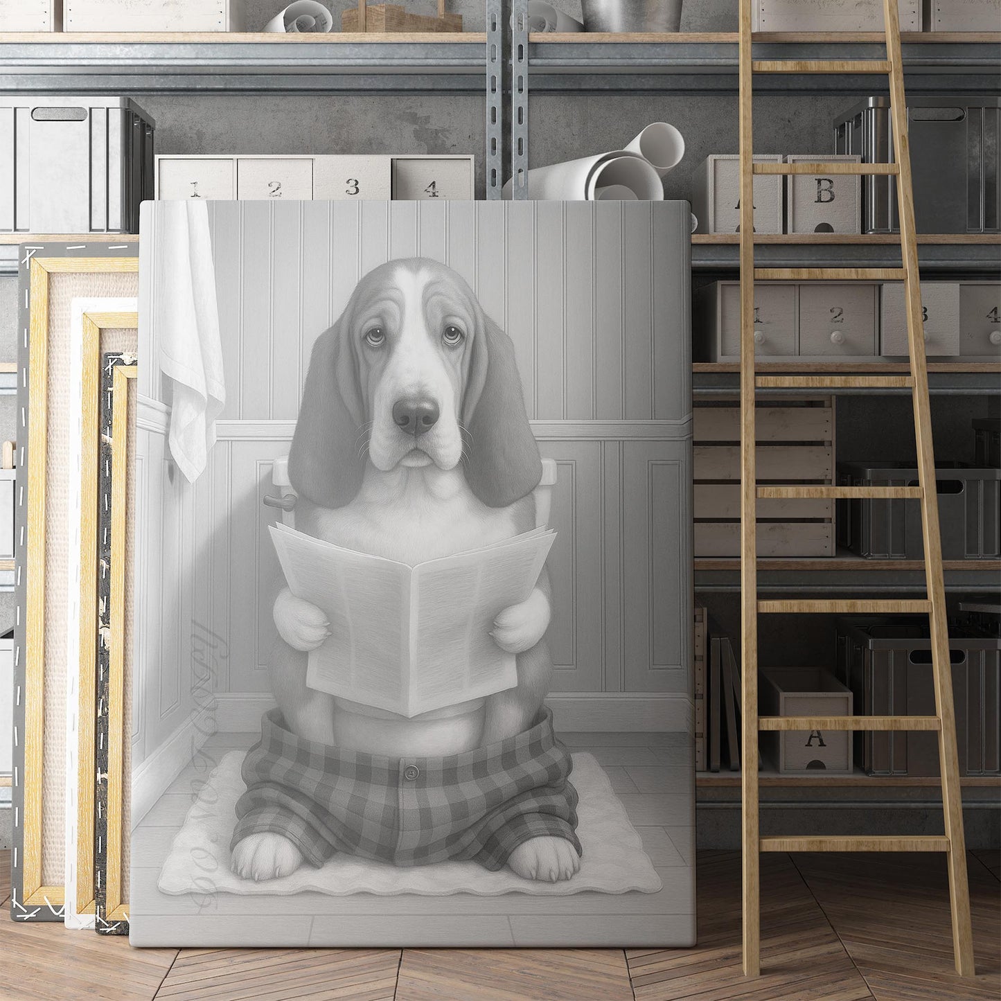 Basset Hound Dog Reading The Newspaper On The Toilet
