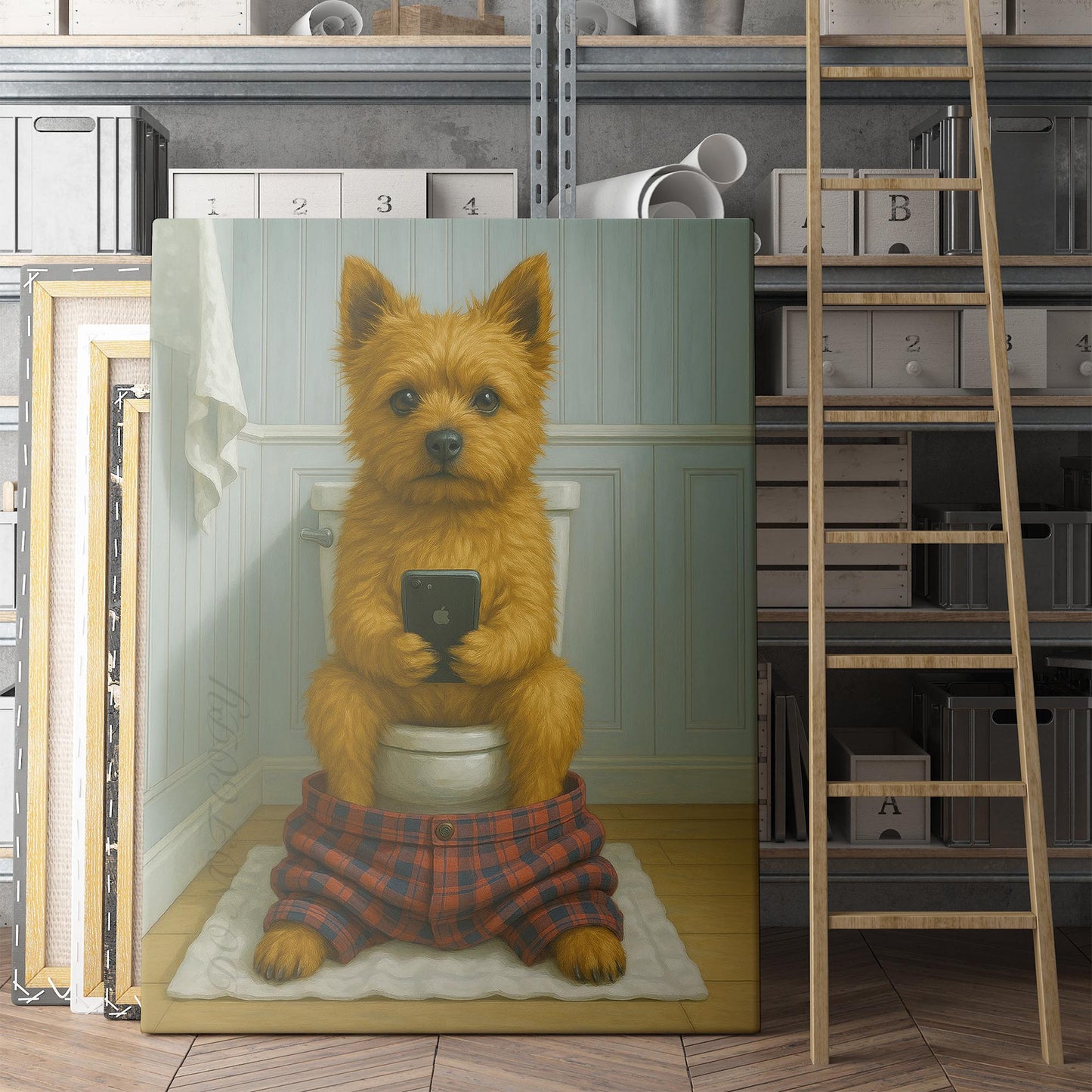Norwich Terrier Dog On The Phone On The Toilet