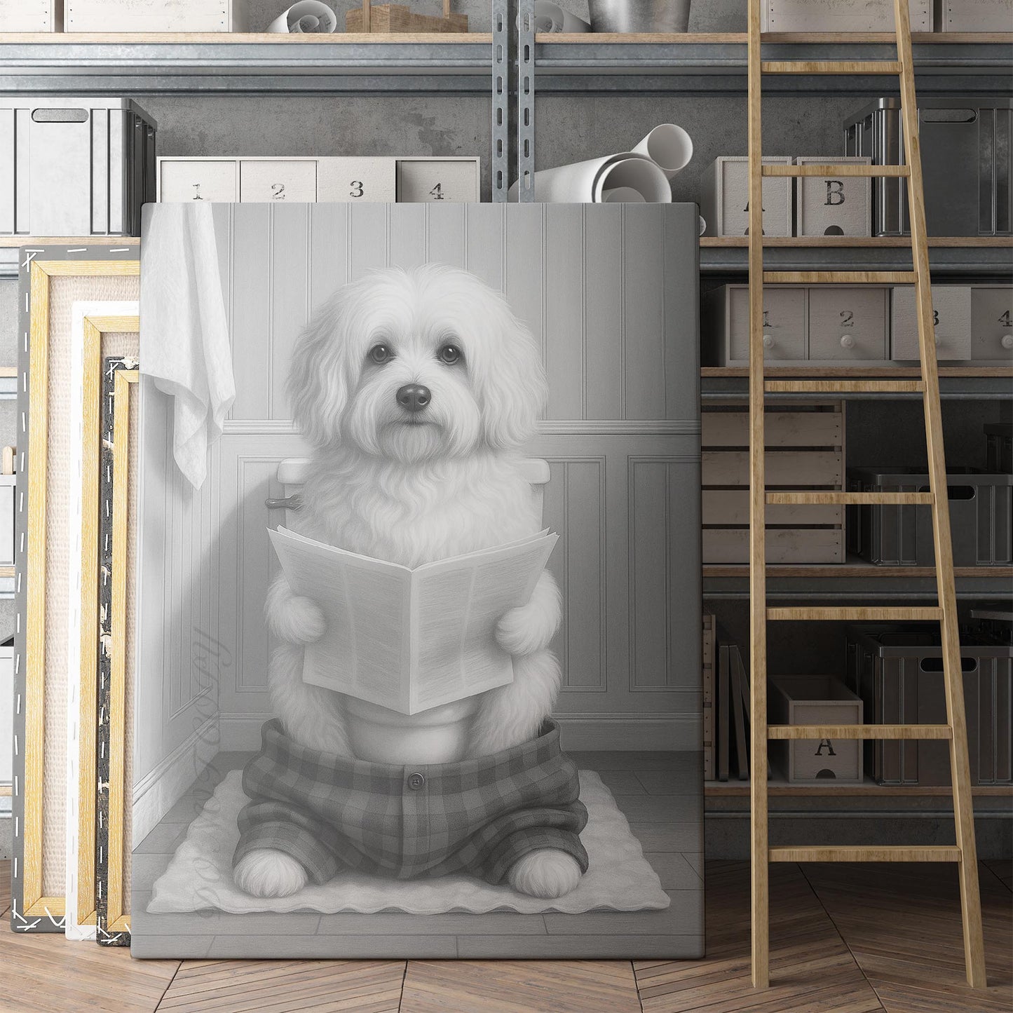 Havanese Dog Reading The Newspaper On The Toilet