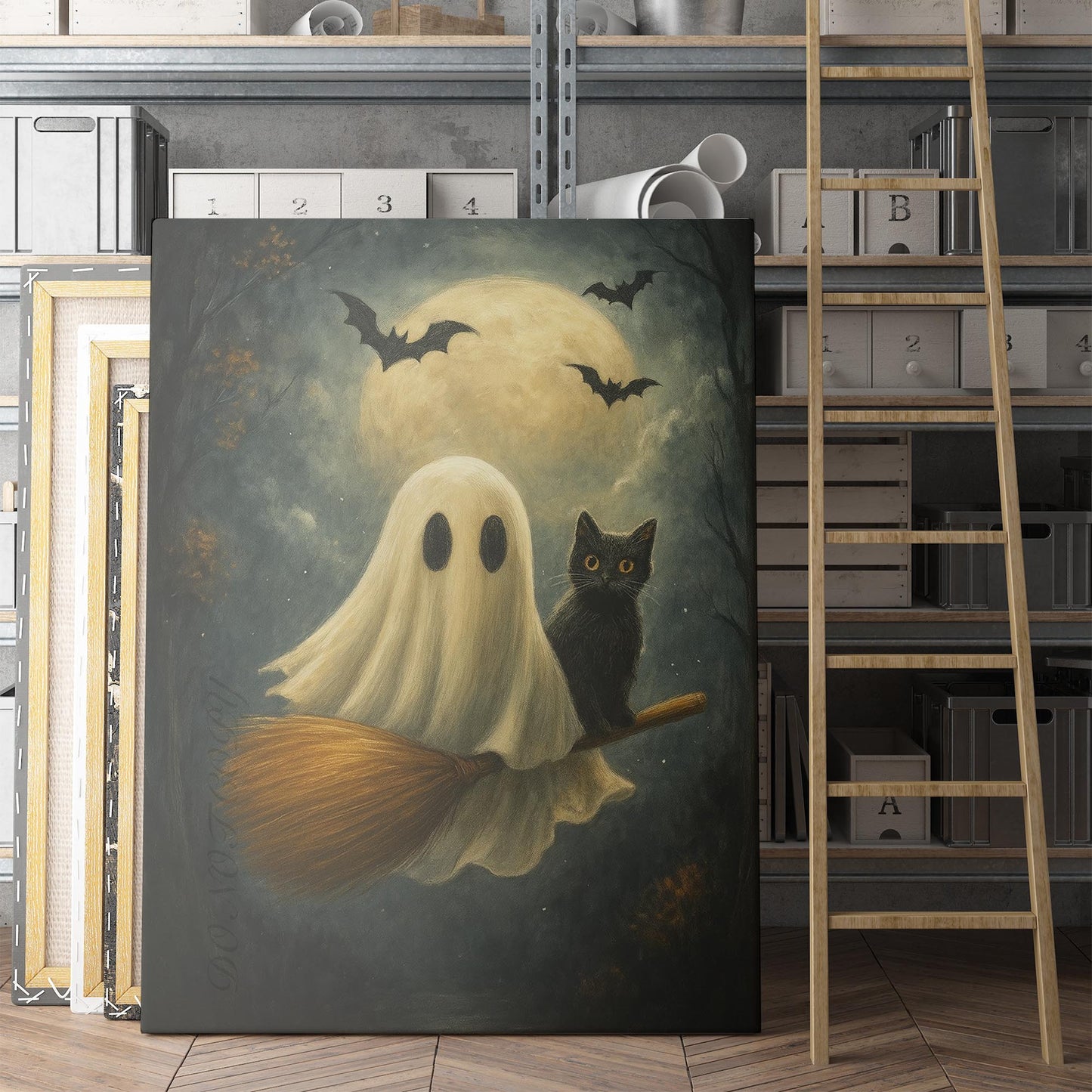 Ghost And Black Cat On A Broomstick