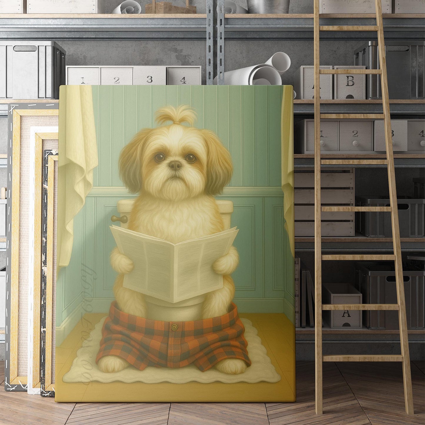 Shih Tzu Dog Reading The Newspaper On The Toilet