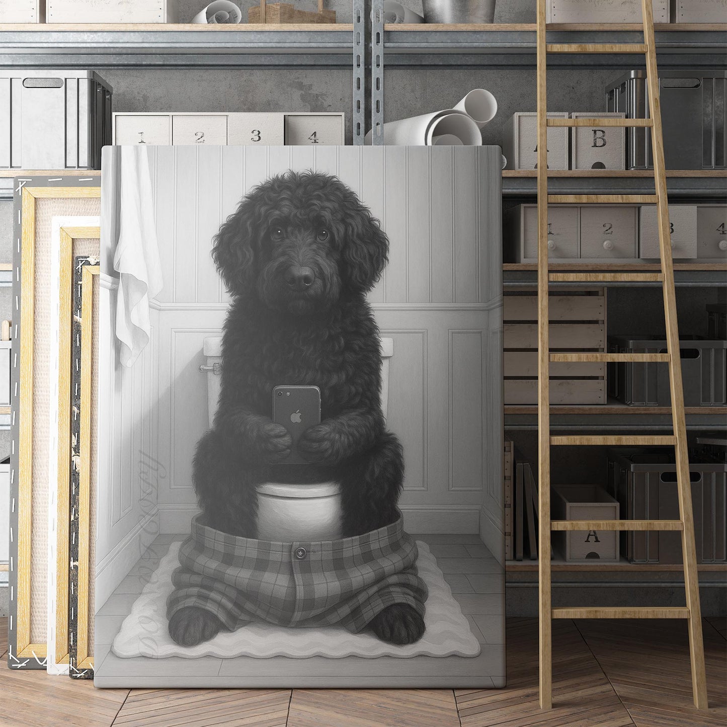 Portuguese Water Dog On The Phone On The Toilet