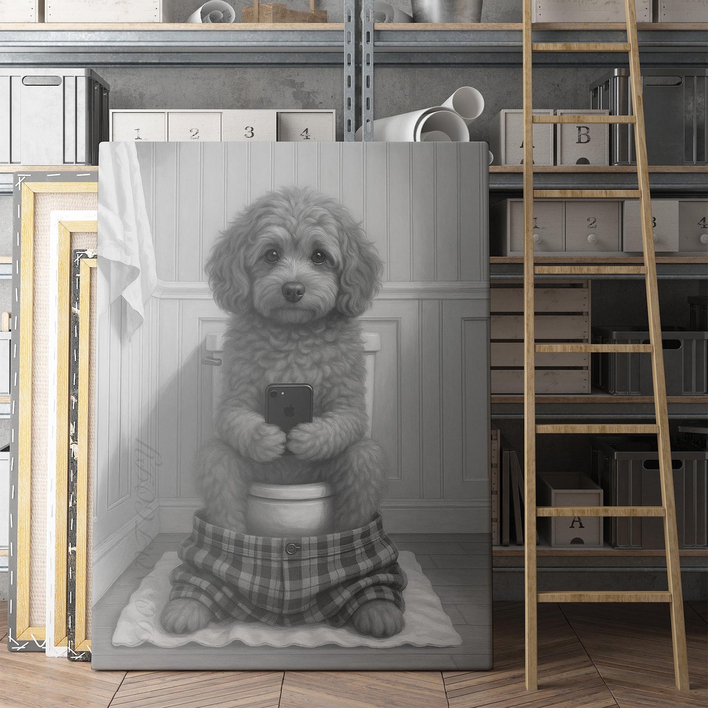 Cavapoo On The Phone On The Toilet