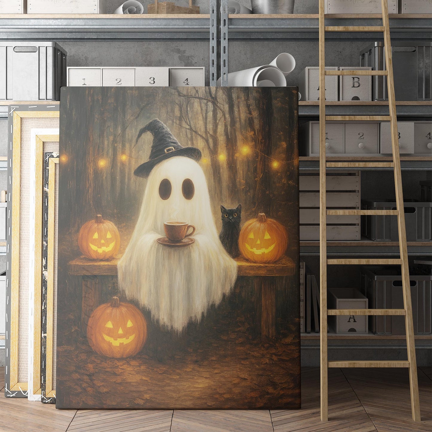 Ghost With A Coffee And Black Cat In The Forest