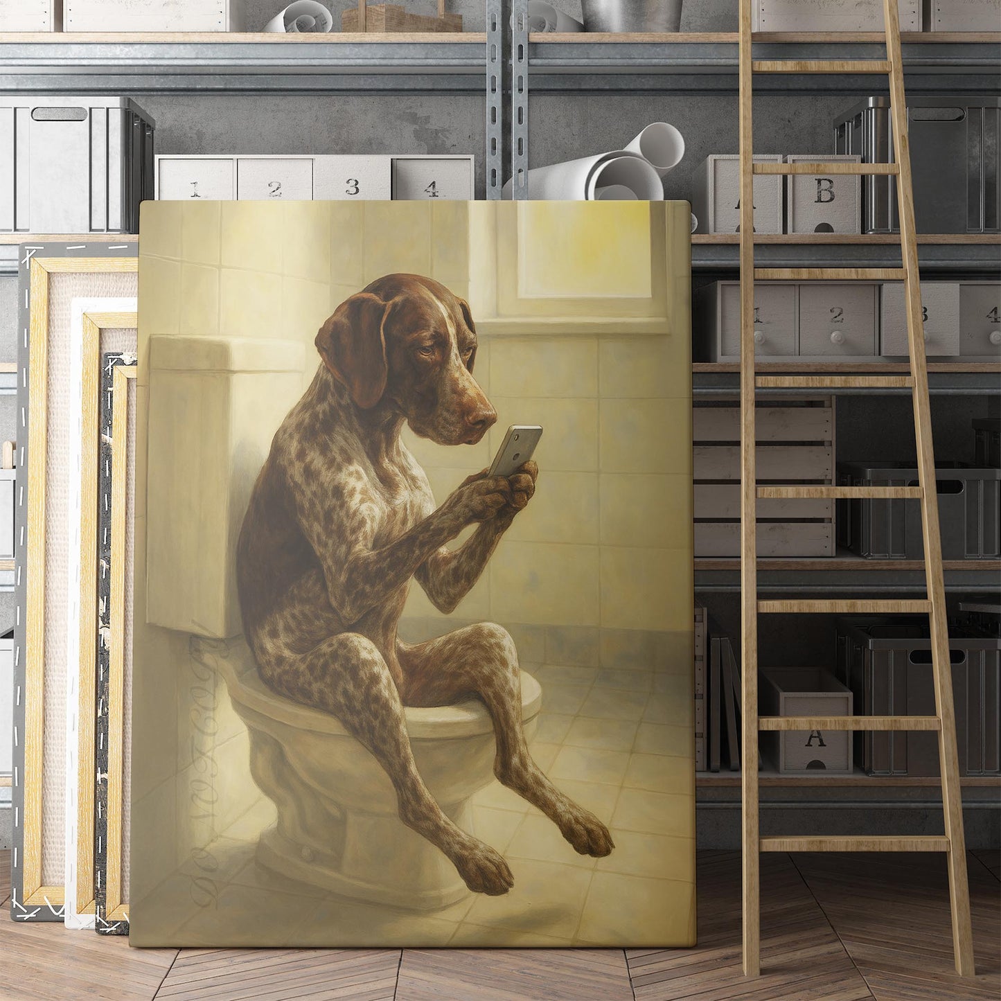 German Shorthaired Pointer Dog On The Phone On The Toilet