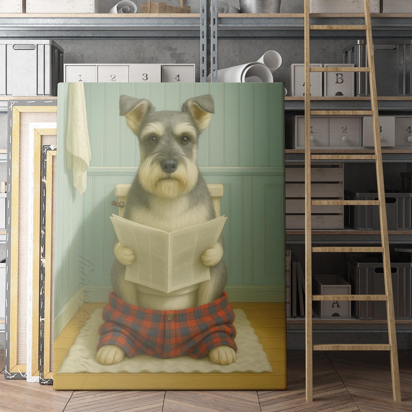 Schnauzer Dog Reading The Newspaper On The Toilet