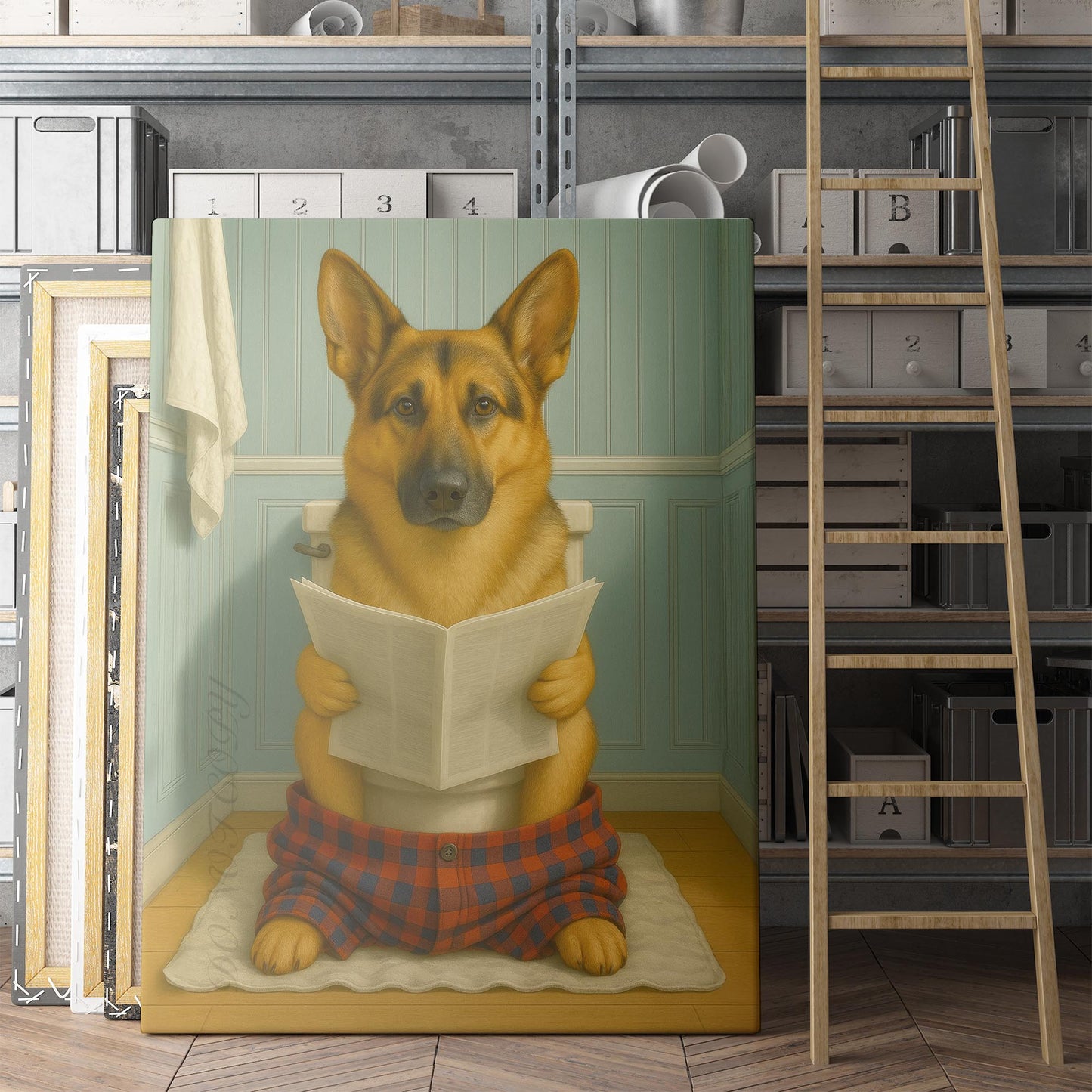German Shepherd Dog Reading A Newspaper On The Toilet