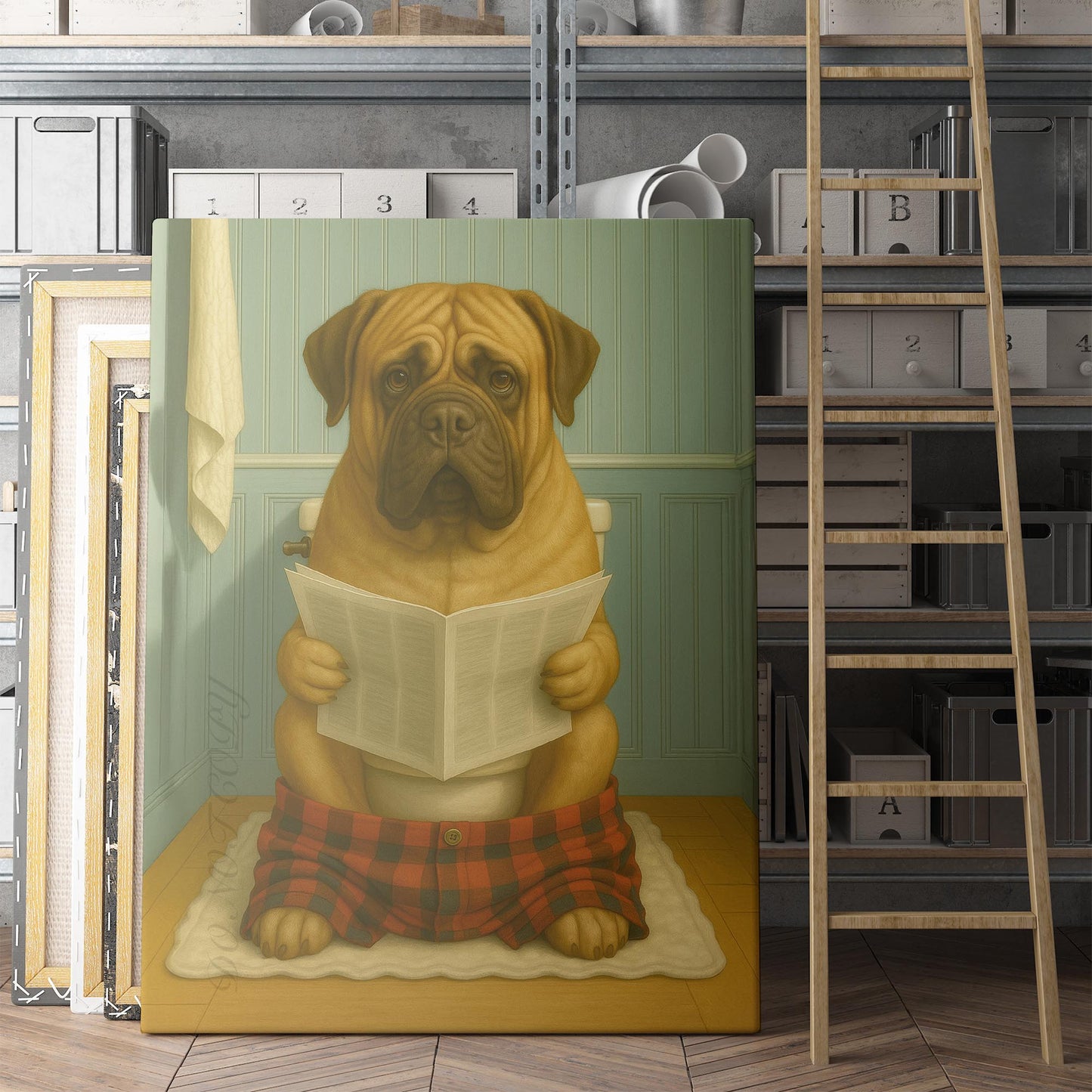 Mastiff Dog Reading The Newspaper On The Toilet