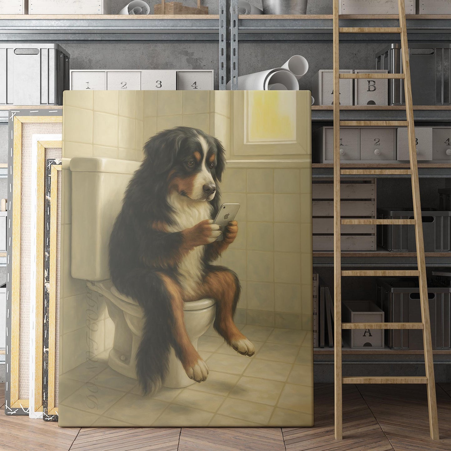 Bernese Mountain Dog On The Phone On The Toilet