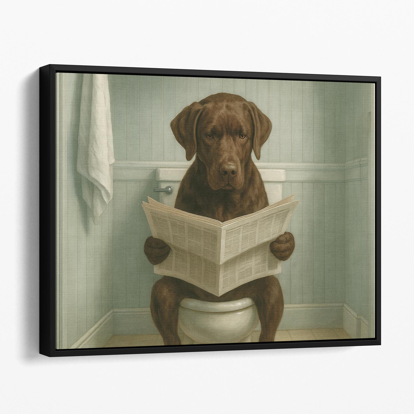 Chocolate Labrador Retriever Reading The Newspaper On The Toilet