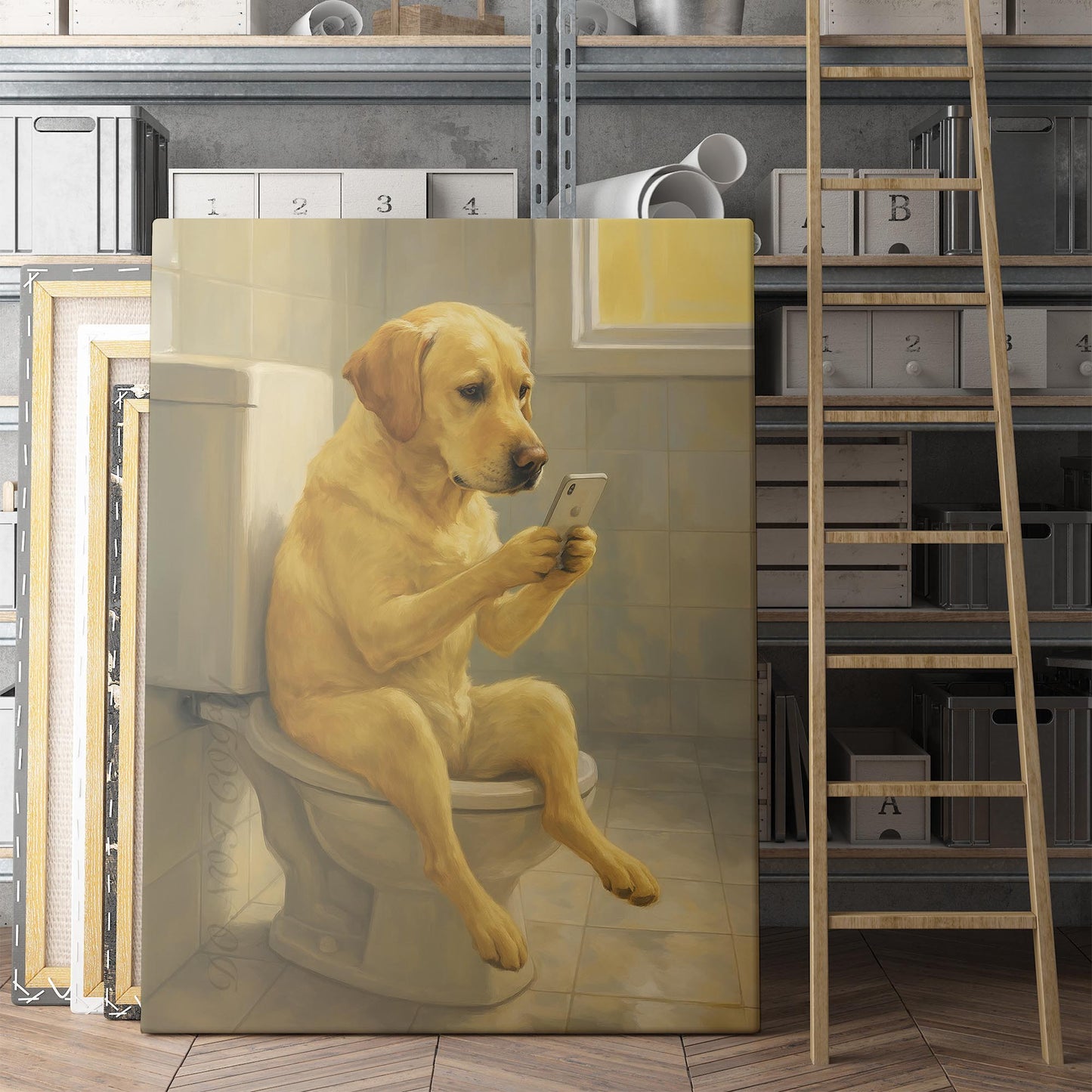 Yellow Labrador Retriever Dog On The Phone On The Toilet
