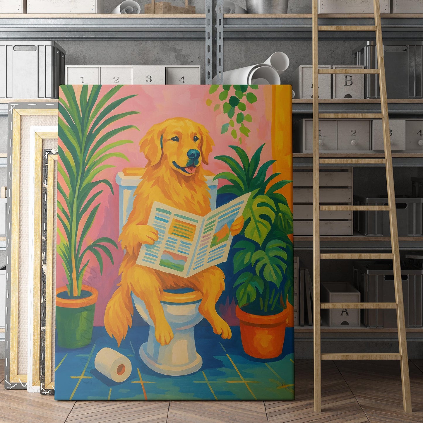 Golden Retriever Reading The Newspaper On The Toilet Henri Matisse