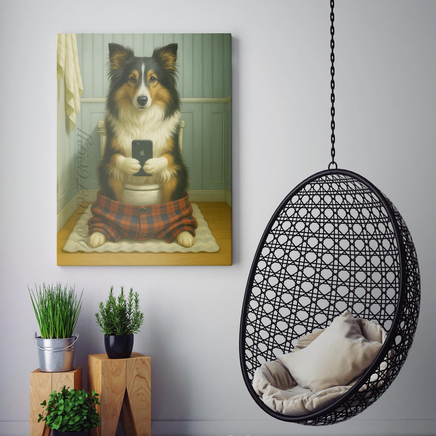 Shetland Sheepdog On The Phone On The Toilet