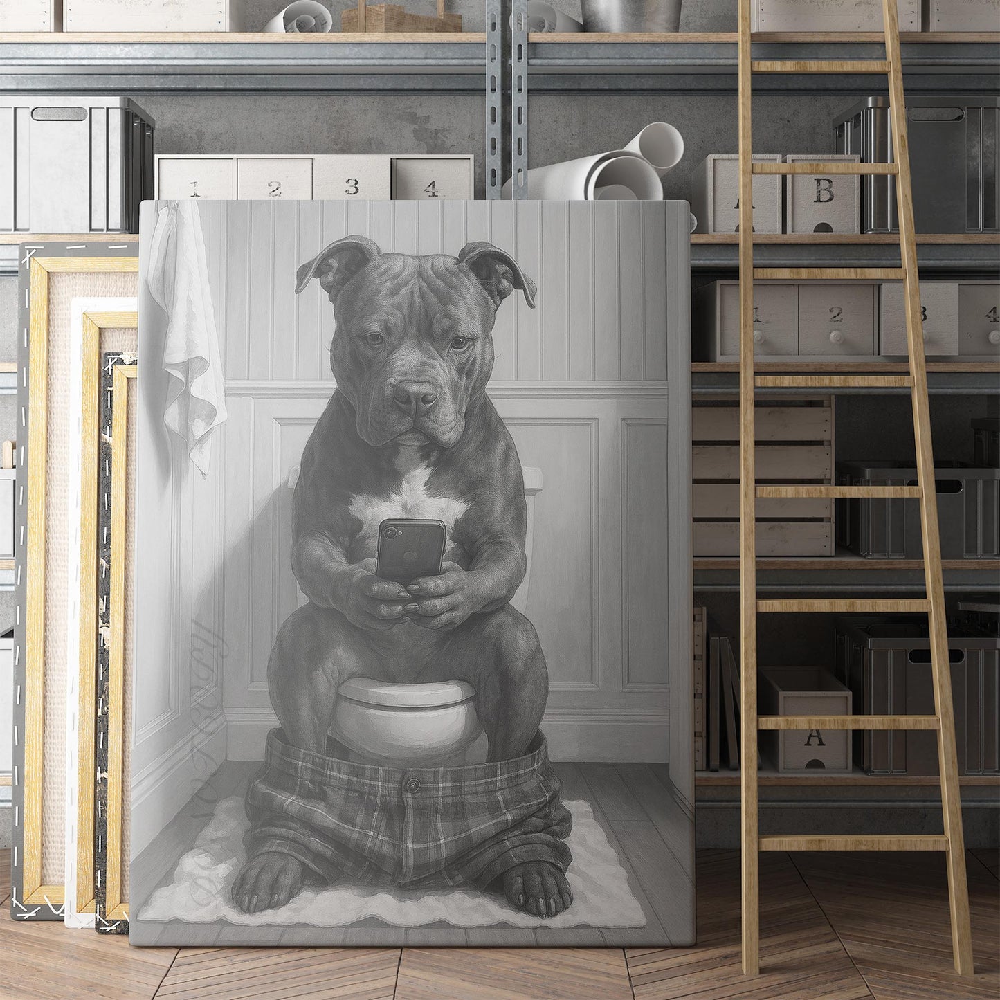 Pit Bull Terrier Dog On The Phone On The Toilet