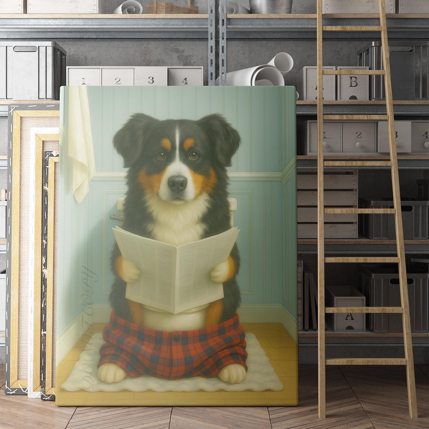 Bernese Mountain Dog Reading The Newspaper On The Toilet