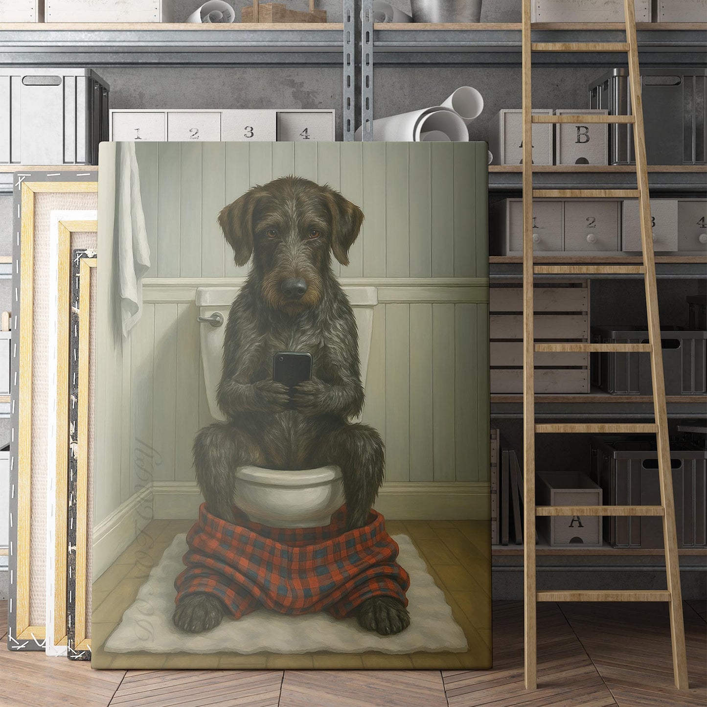 German Wirehaired Pointer Dog On The Phone On The Toilet