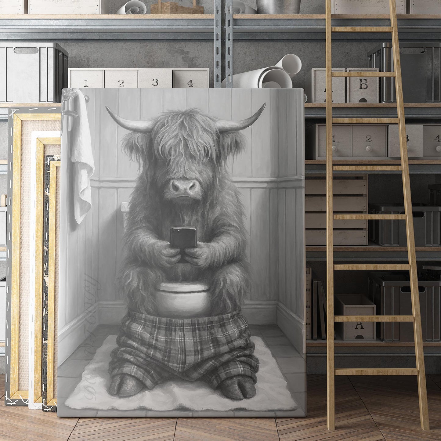 Highland Cow On The Phone On The Toilet