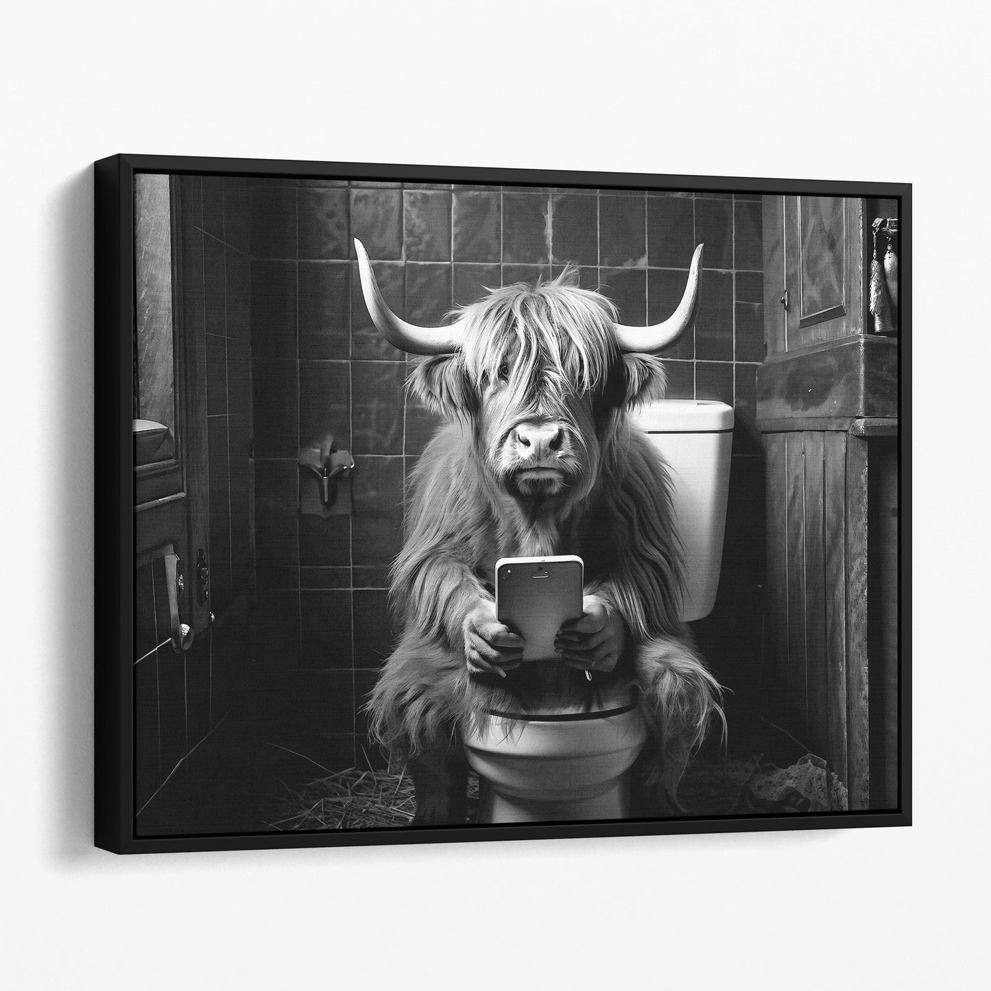 Highland Cow On The Toilet On The Phone