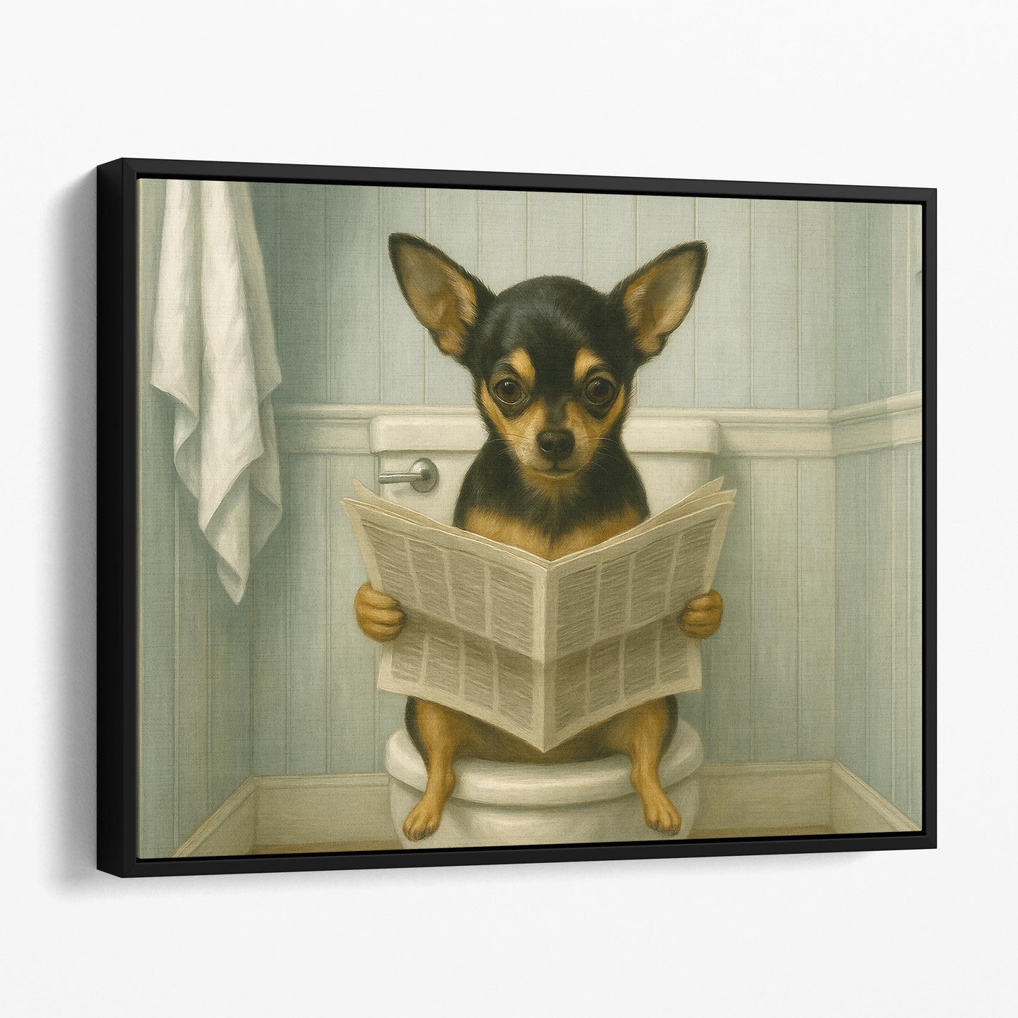 Chihuahua Dog Reading The Newspaper On The Toilet