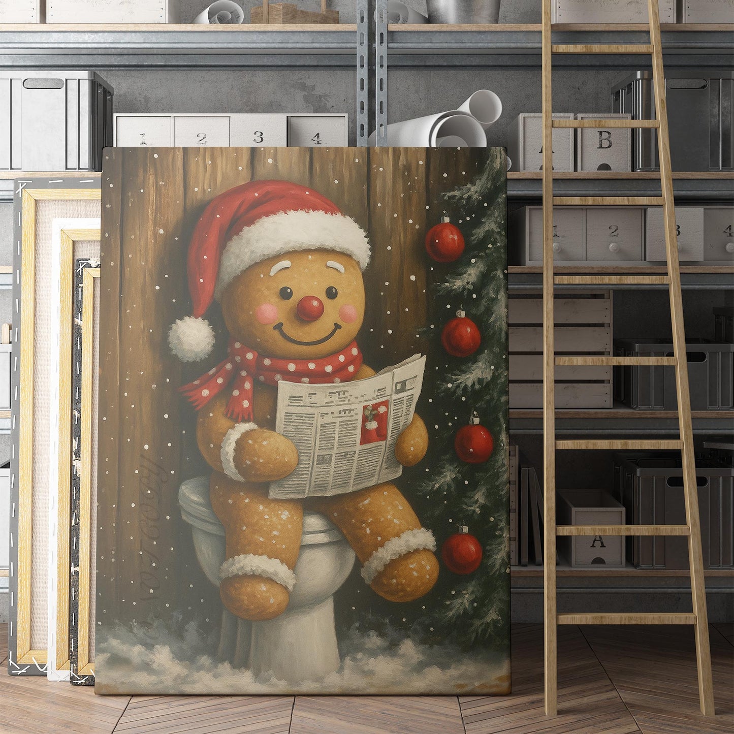 Christmas Gingerbread Man Reading The Newspaper On The Toilet