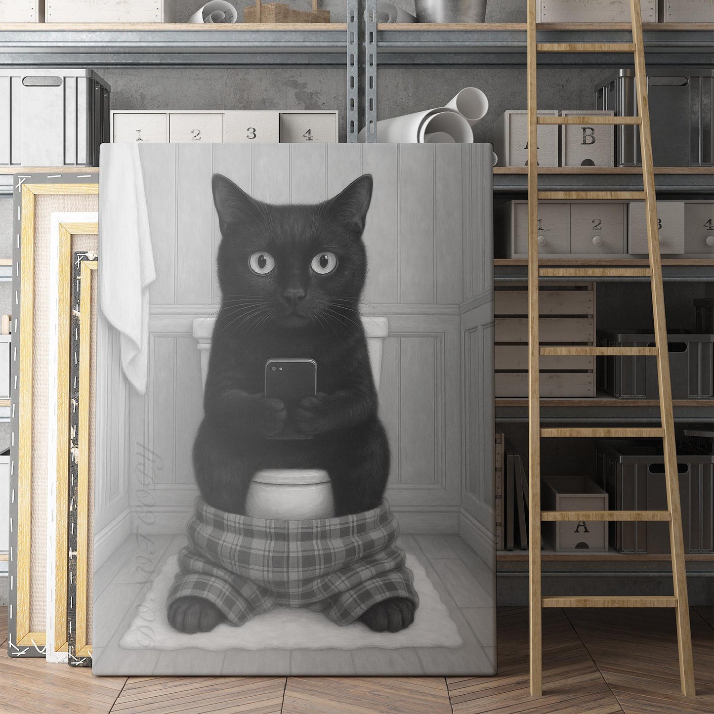 Black Cat On The Phone On The Toilet
