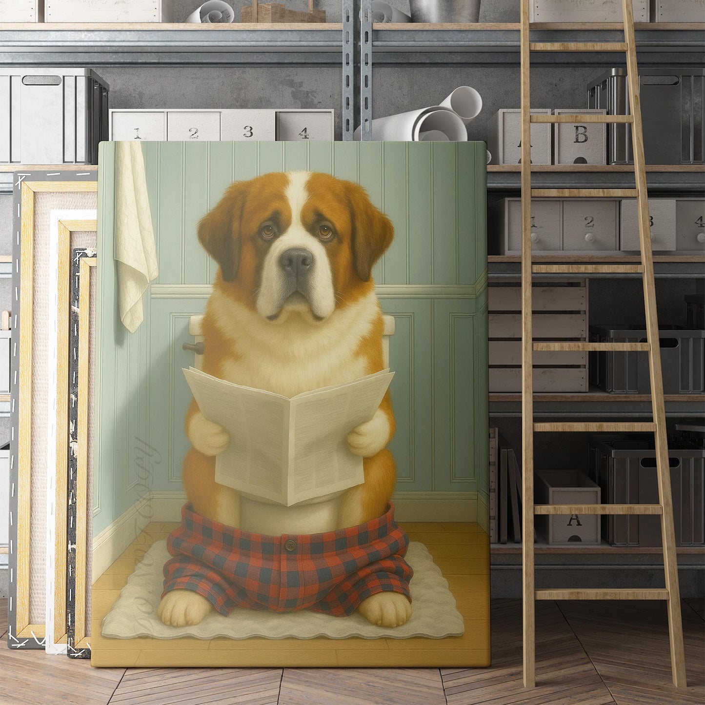 Saint Bernard Dog Reading The Newspaper On The Toilet