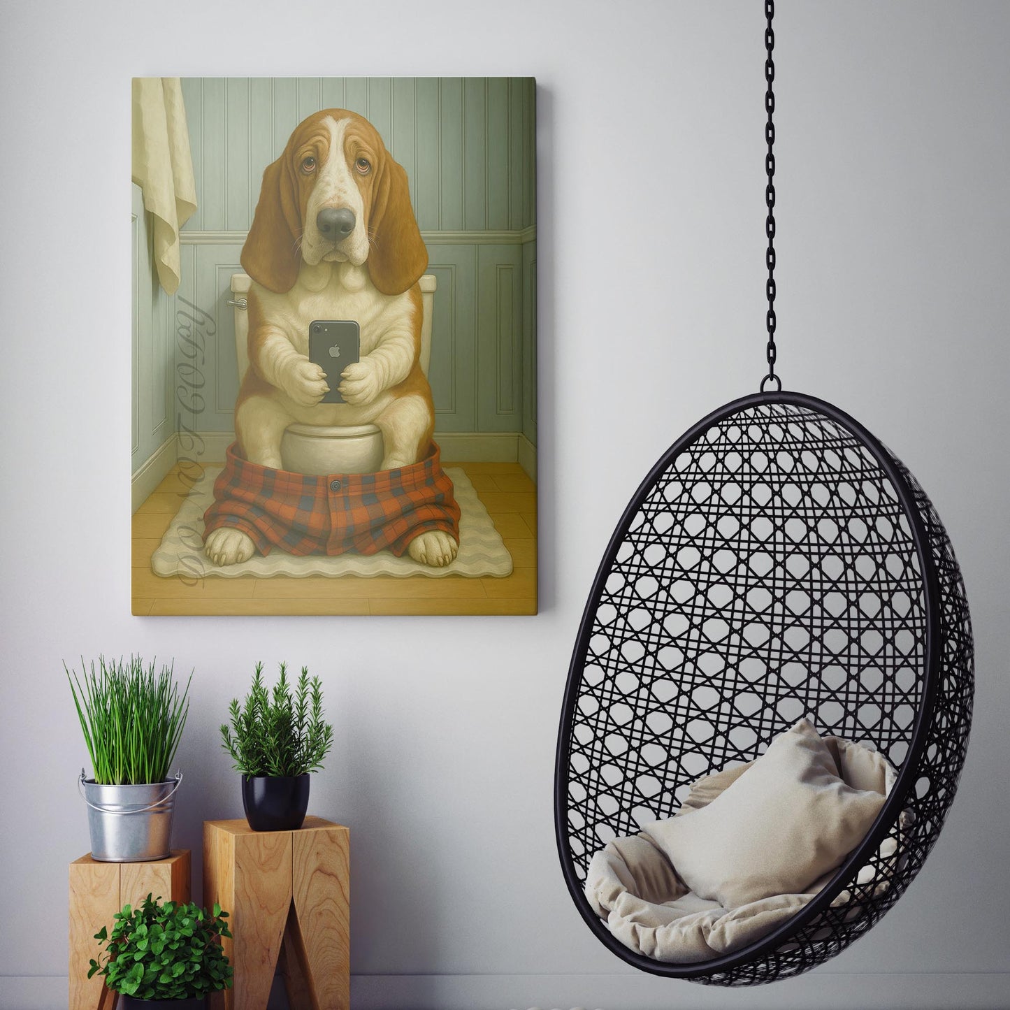 Basset Hound Dog On The Phone On The Toilet