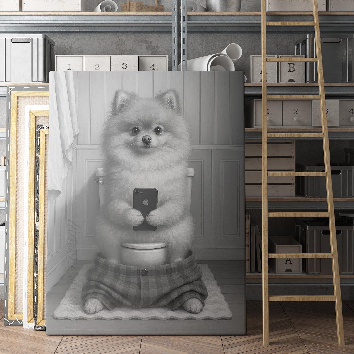 Pomeranian Dog On The Phone On The Toilet