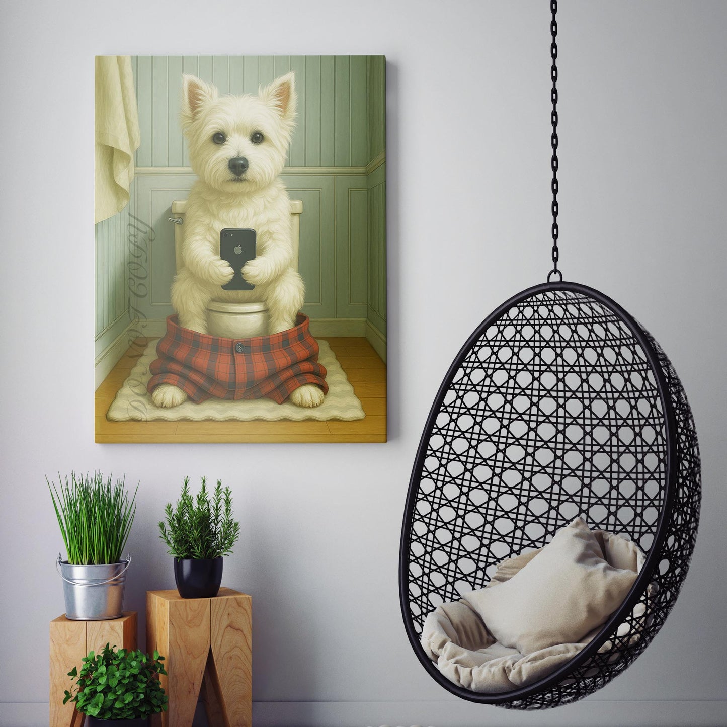 West Highland White Terrier Dog On The Phone On The Toilet