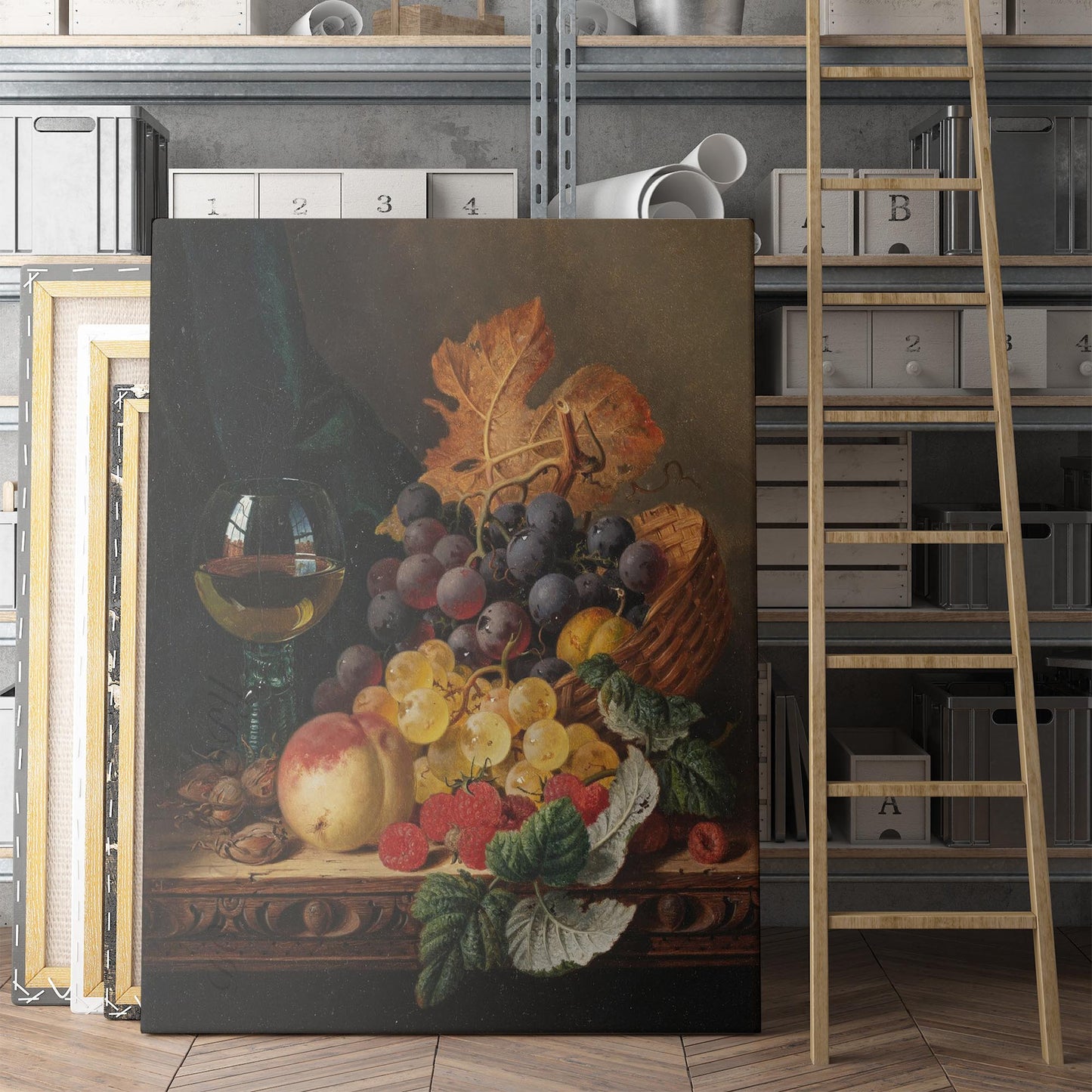 A Still Life of Black Grapes, a Peach, a Plum, Hazelnuts, a Metal Casket and a Wine Glass on a Carved Wooden Ledge - Edward Ladell