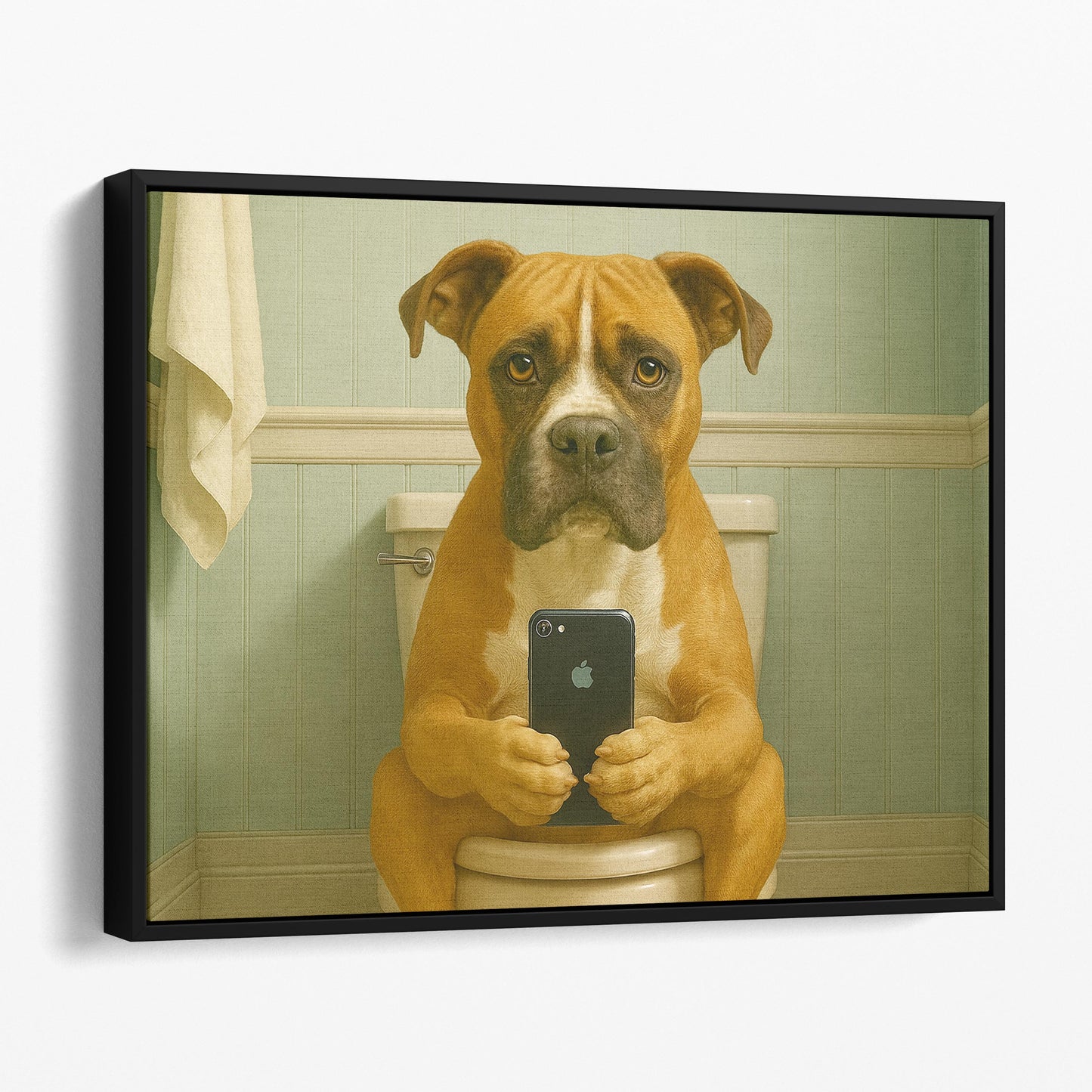 Boxer Dog On The Phone On The Toilet