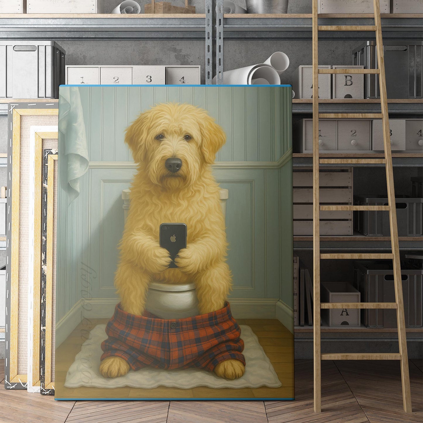 Soft Coated Wheaten Terrier Dog On The Phone On The Toilet