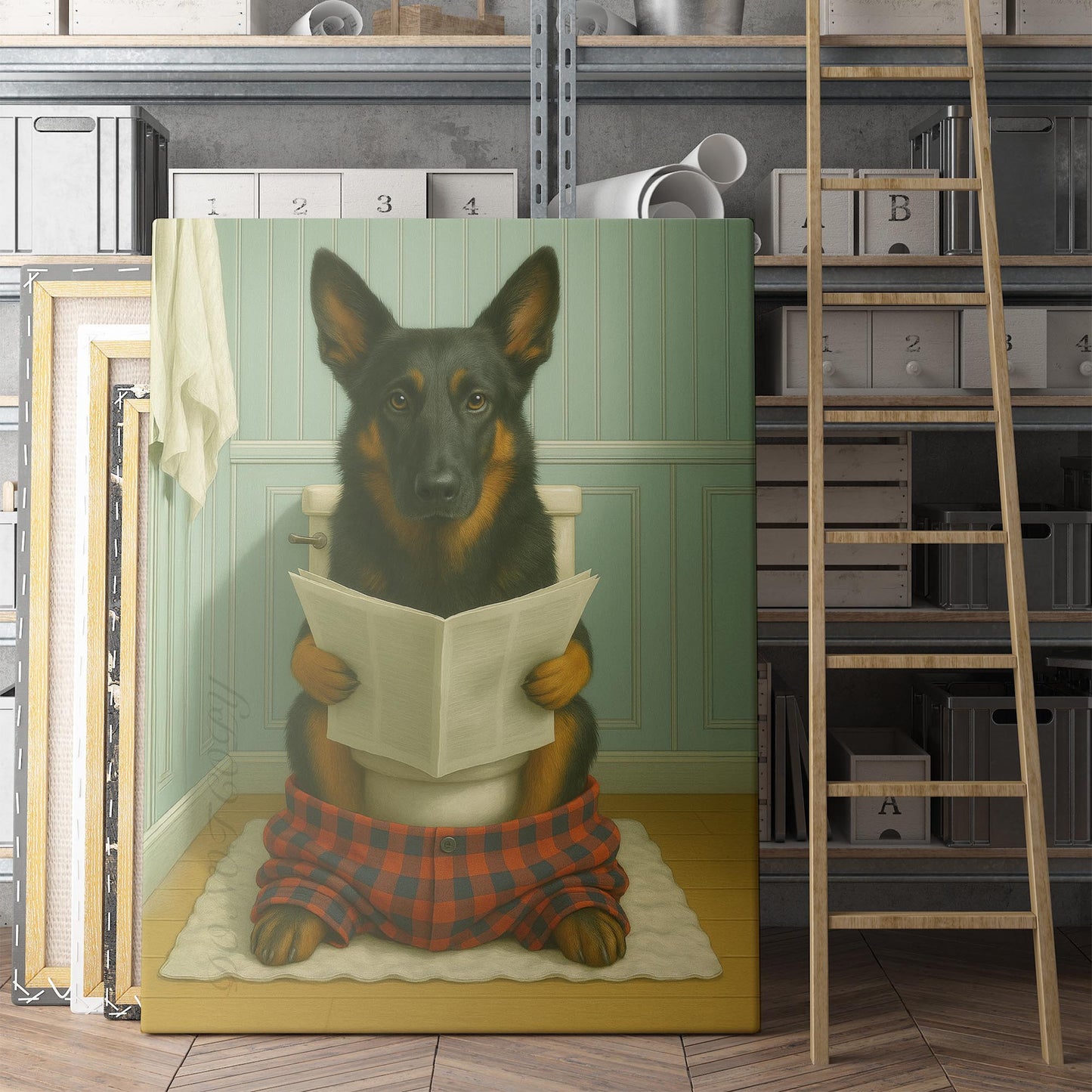 Belgian Shepherd Dog Reading The Newspaper On The Toilet