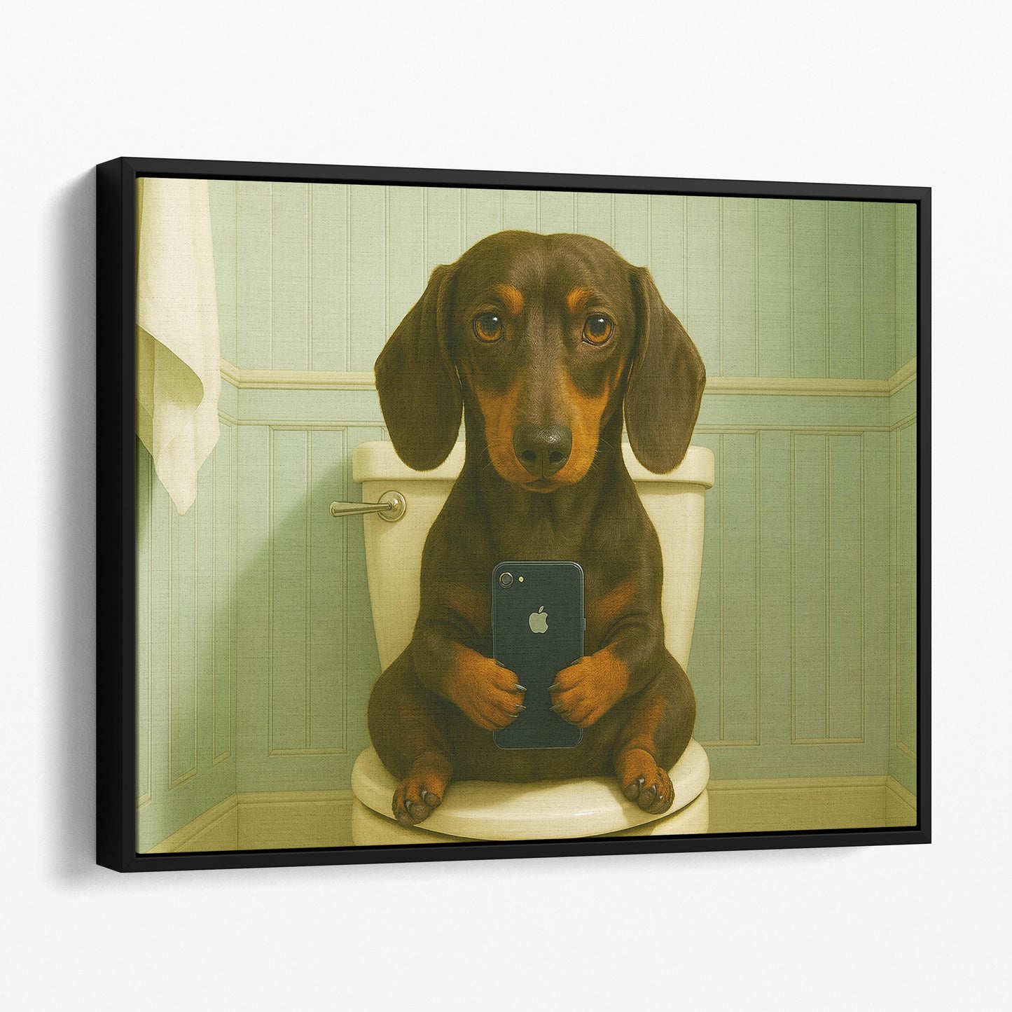 Dachshund Dog On The Phone On The Toilet