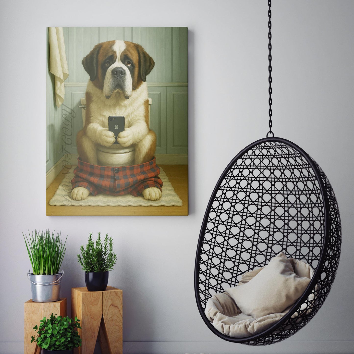 St. Bernard Dog On The Phone On The Toilet