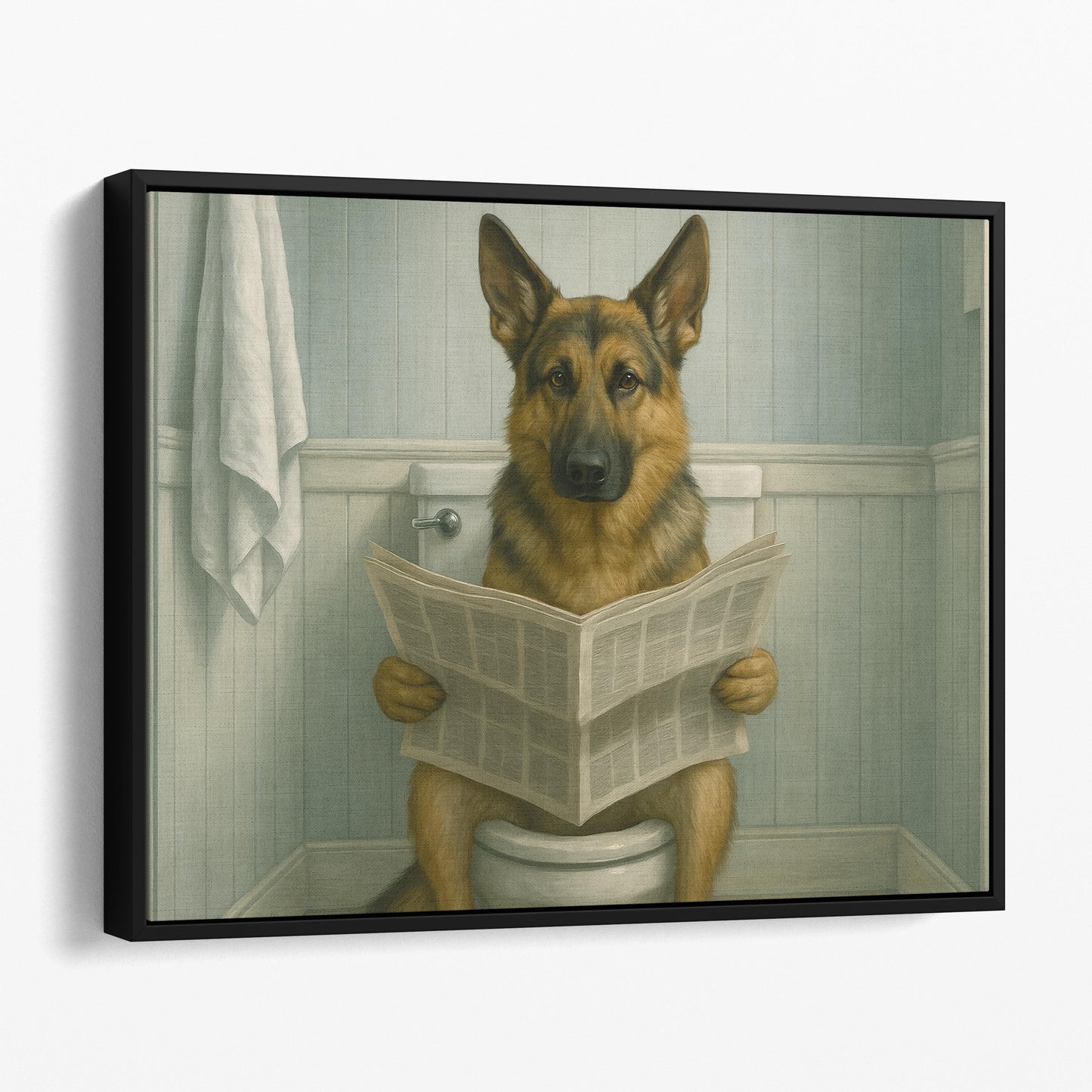 German Shepherd Reading The Newspaper On The Toilet