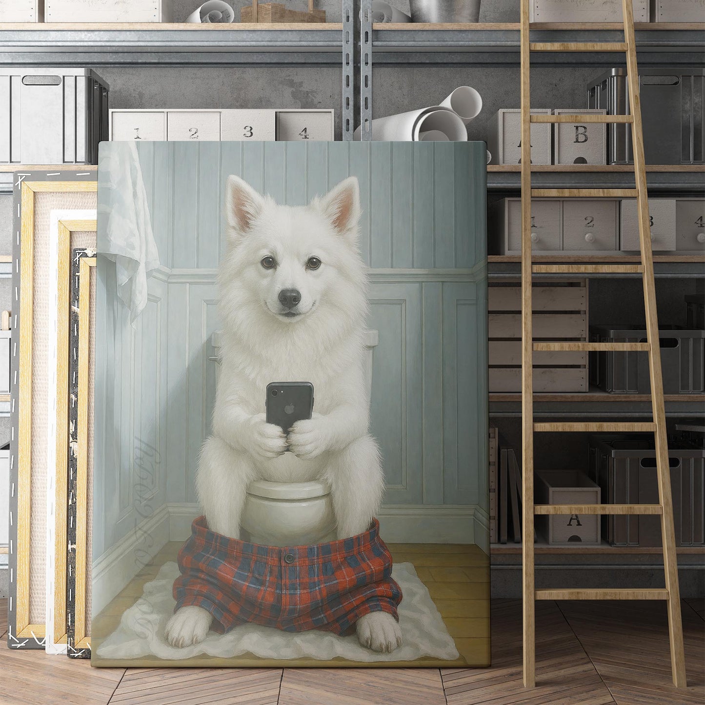 American Eskimo Dog On The Phone On The Toilet